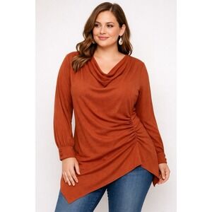 Rust Draped Cowl Neck Blouse Women's 4X Long Sleeve Ruched Asymmetrical Top